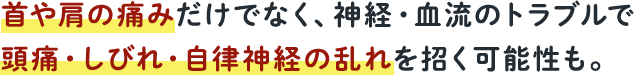 首や肩の痛みだけでなく、頭痛・しびれ・自律神経症状のトラブルにつながります